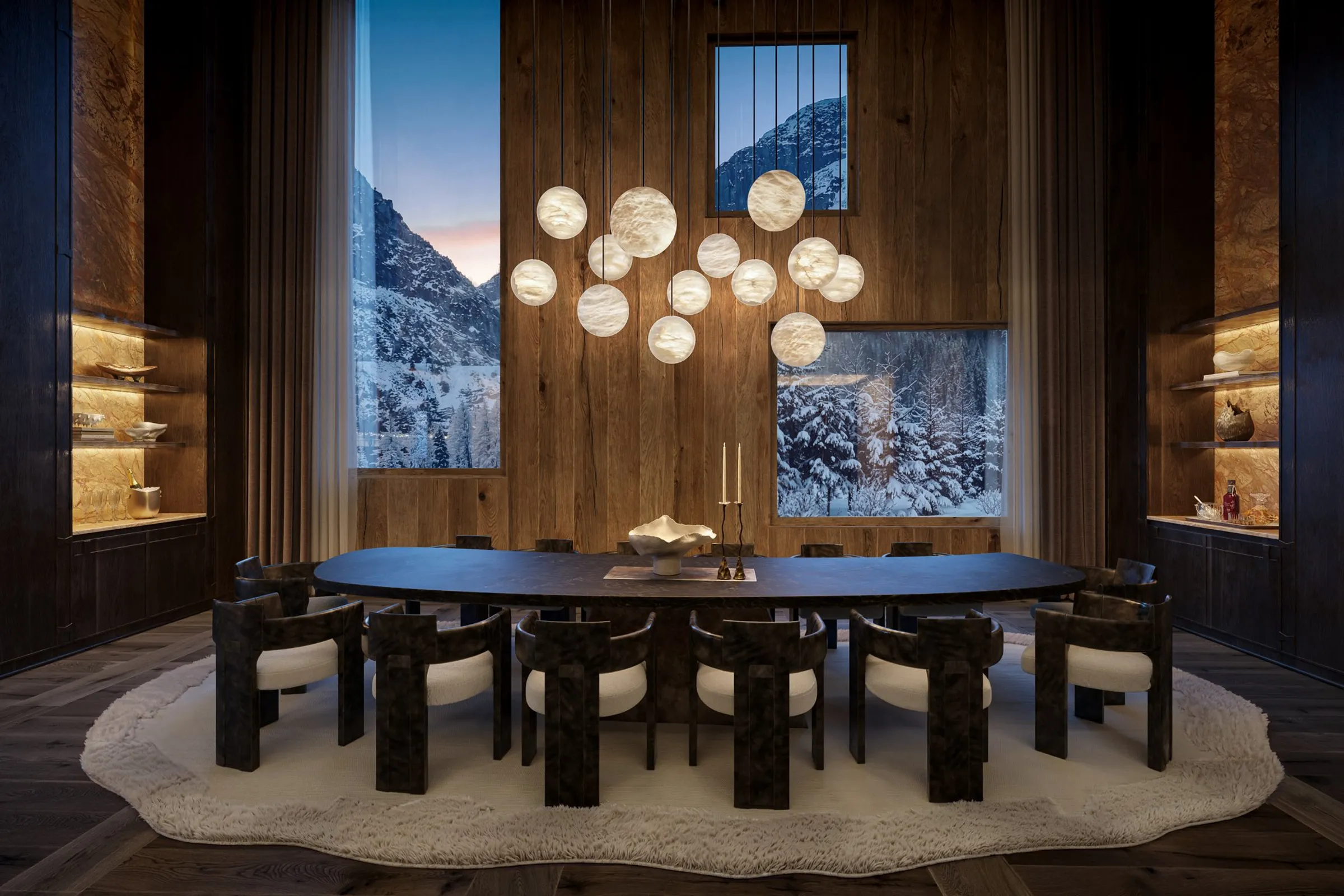 Private dining room with a long timber table